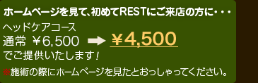 ホームページを見て、初めてRESTにご来店の方に・・・ヘッドケアコース 通常￥6,300 → ￥4,200 でご提供いたします！ ※施術の際にホームページを見たとおっしゃってください。